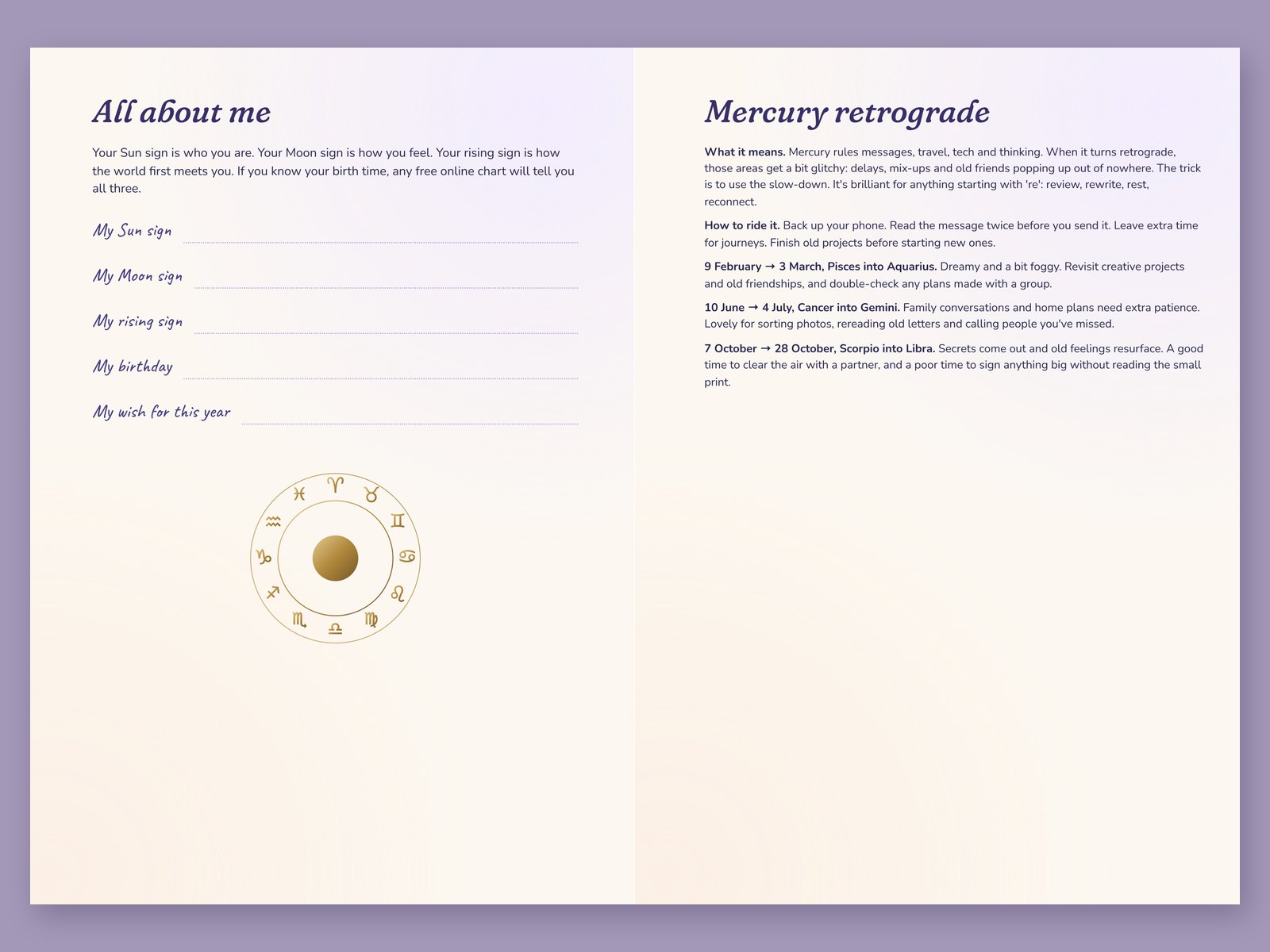 The All about me page and the Mercury retrograde guide
