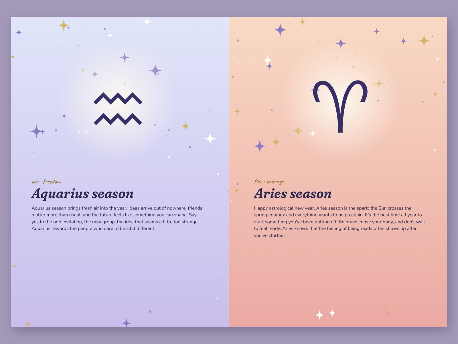 The Aquarius season and Aries season opening pages, one for each star sign
